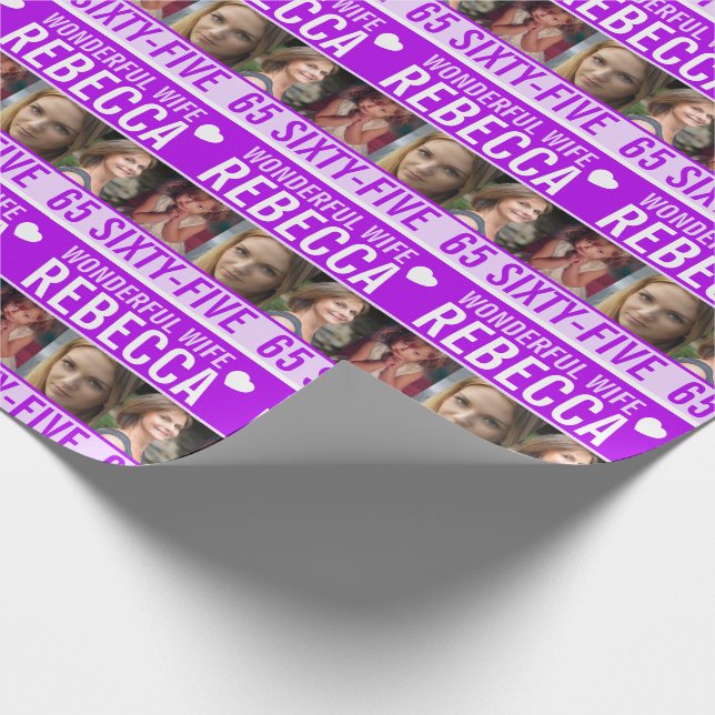 65. Geburtstag drei Fotos lila wunderbare Ehefrau Geschenkpapier (Ecke)