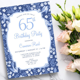 65. Geburtstag Elegant Weiblich Blumen Blau Vogel Einladung
