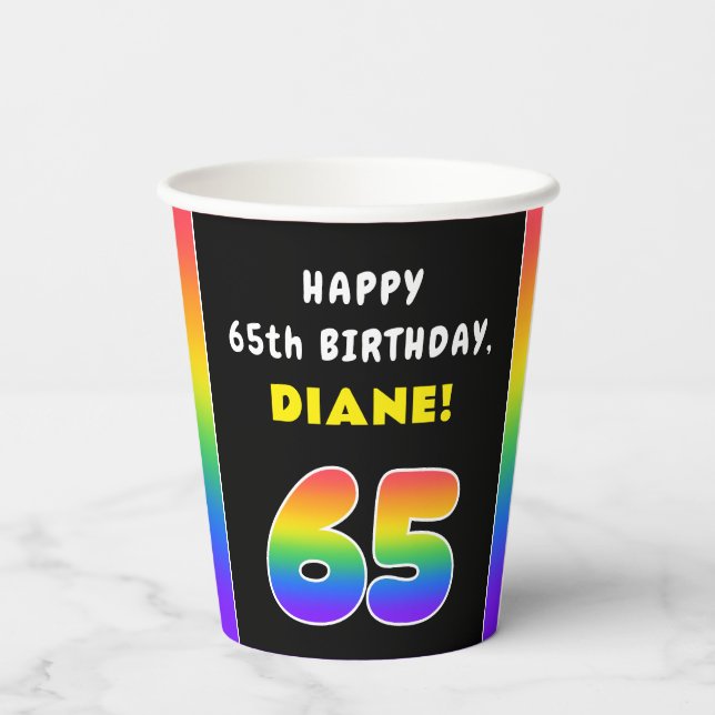 65. Geburtstag: Farbiger Regenbogen # 65, Individu Pappbecher (Rückseite)
