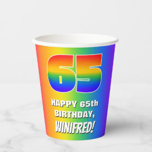 65. Geburtstag: Farbiges, lustiges Regenbogenmuste Pappbecher