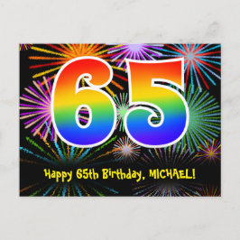 65. Geburtstag - Fun Fireworks Pattern + Regenboge Postkarte