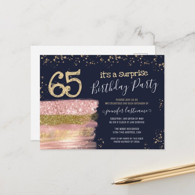 65. Geburtstag Glitzer Cake Überraschung Party Pos Postkarte (Vorderseite/Rückseite Beispiel)