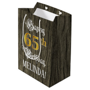 65. Geburtstag: Imitate Gold Look & Imitate Holzmu Mittlere Geschenktüte
