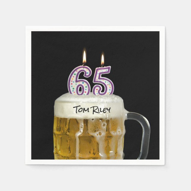 65. Geburtstag Kerzen in Bier Serviette (Vorderseite)
