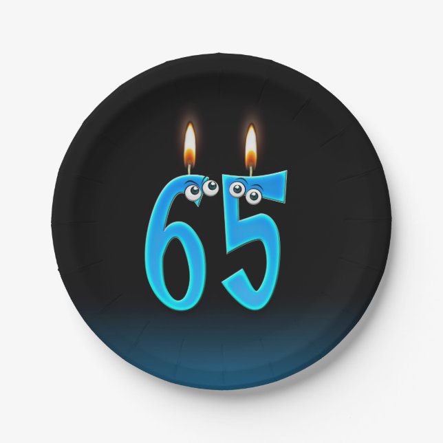 65. Geburtstag mit hellen Kerzenzahlen Pappteller (Vorderseite)