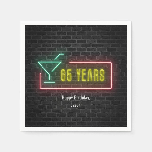 65. Geburtstag Neon Sign auf Ziegelwand Serviette (Vorderseite)
