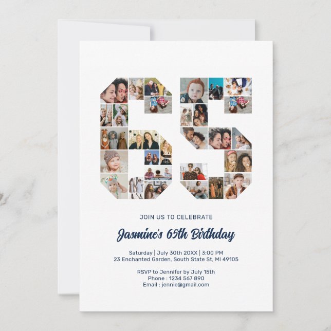65. Geburtstag Nr. 65 Custom Foto Collage Einladung (Vorderseite)
