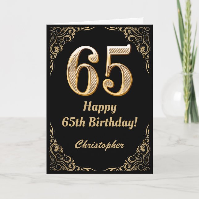65. Geburtstag Schwarz und Gold Glitzer Rahmen Karte (Vorderseite)