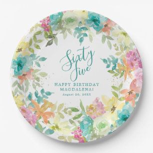 65. Geburtstag Sommer Wasserfarbe Floral Benutzerd Pappteller