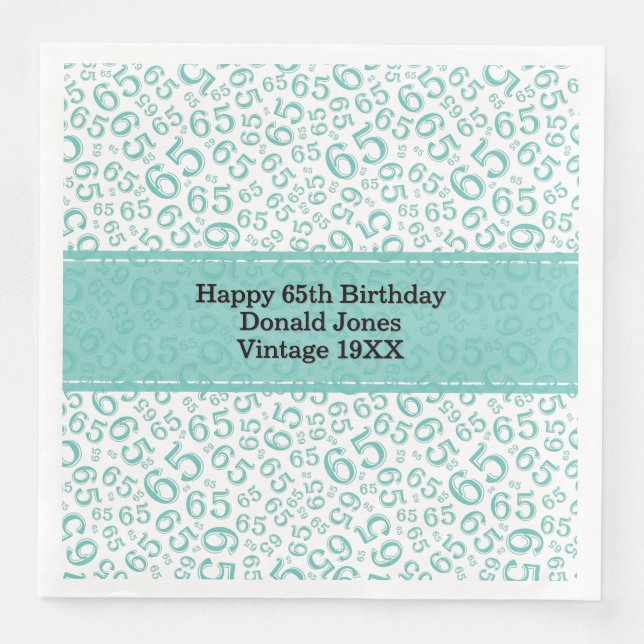 65. Geburtstag Zahlenmuster Aquamarin/weiß Serviette (Vorderseite)