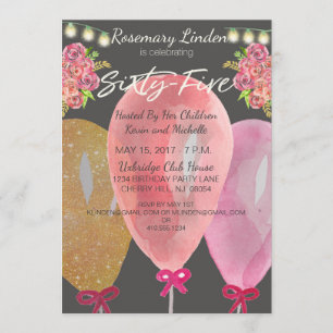 65. Geburtstagsballons Blume und Lichter laden ein Einladung