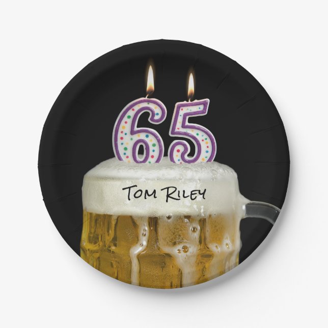 65. Geburtstagsbier mit Kerzen Pappteller (Vorderseite)