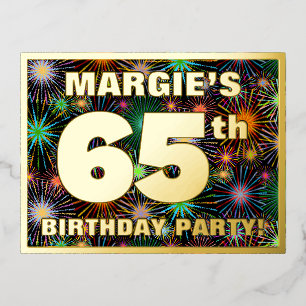 65. Geburtstagsfeier: Fett, farbenfrohe Feuerwerke Folie Einladungspostkarte