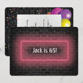 65. Geburtstagsparty Neon-Schild an Wand Einladung