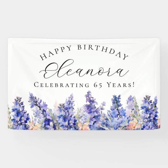 65. Happy Birthday Banner Blue July Birth Blume (Horizontal)