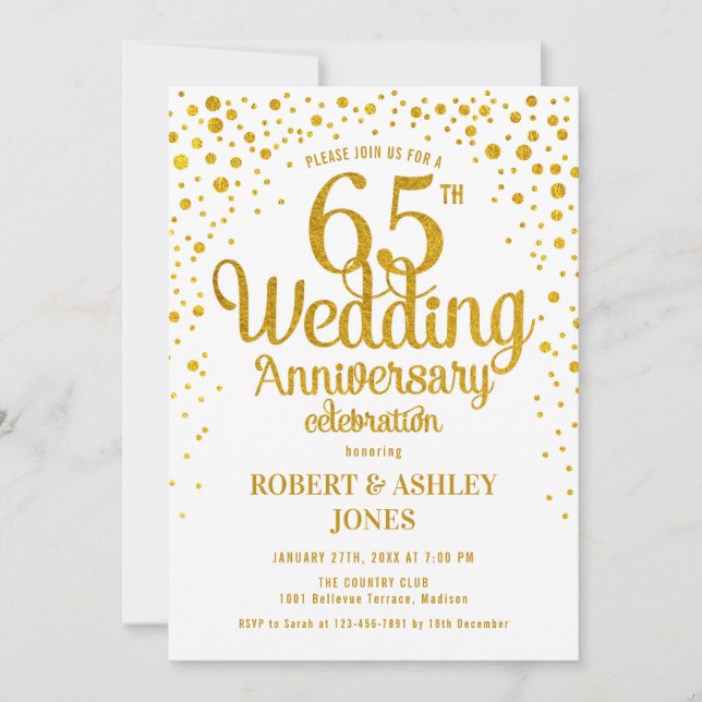 65. Hochzeitstag - Gold & Weiß Einladung (Vorderseite)