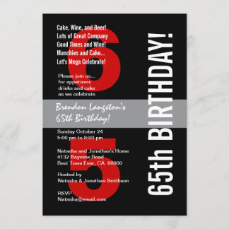 65. Modern Birthday Schwarz-weiß Red Template A08A Einladung