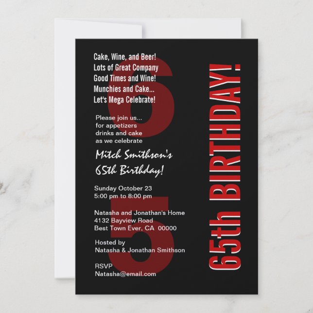65. Modern Modern Birthday Schwarz-weiß Red Templa Einladung (Vorderseite)