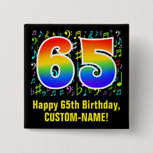 65th Birthday: Colorful Music Symbols, Rainbow 65 Button