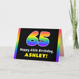 65th Birthday: Colorful Rainbow # 65, Custom Name Karte