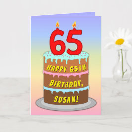 65th Birthday — Fun Cake & Candles, w/ Custom Name Karte