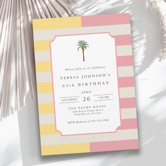 65th Birthday Palm Beach Pastel Stripe Tropical Einladung (Available in both printed and instant download digital formats.)
