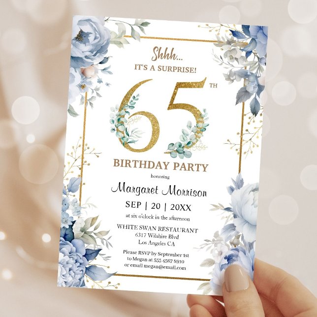 65th Birthday Party Elegant Dusty Blue Floral Einladung (Von Creator hochgeladen)