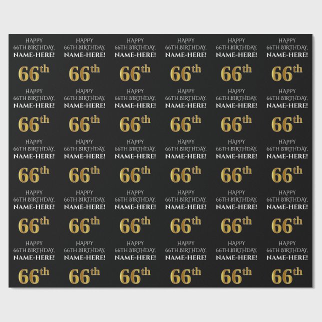 66. Geburtstag: Elegant, schwarz, Imitate Gold Loo Geschenkpapier (Flach)