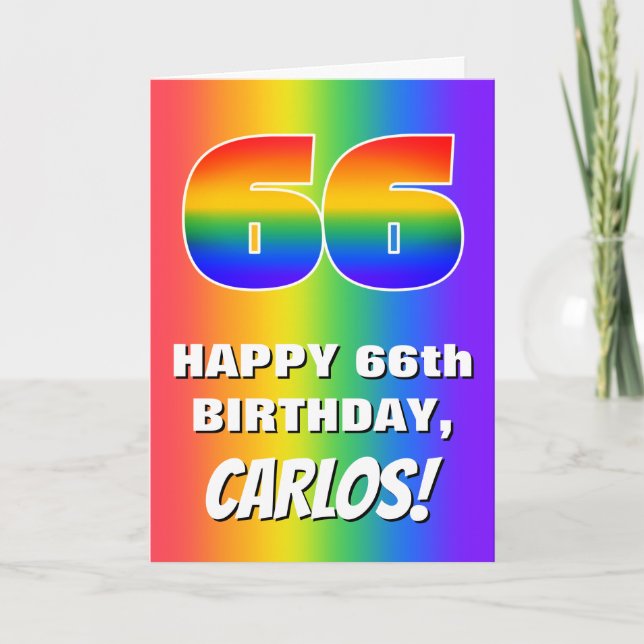 66. Geburtstag: Farbiges, lustiges Regenbogenmuste Karte (Vorderseite)