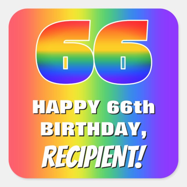 66. Geburtstag: Farbiges, lustiges Regenbogenmuste Quadratischer Aufkleber (Vorderseite)