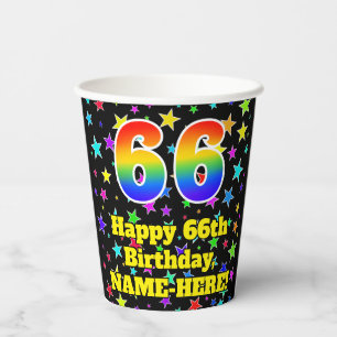 66. Geburtstag: Fun Stars Muster und Regenbogen 66 Pappbecher