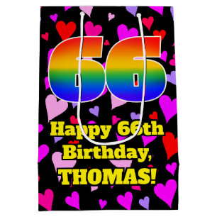 66. Geburtstag: Loving Hearts Pattern, Regenbogen  Mittlere Geschenktüte