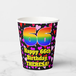 66. Geburtstag: Loving Hearts Pattern, Regenbogen  Pappbecher