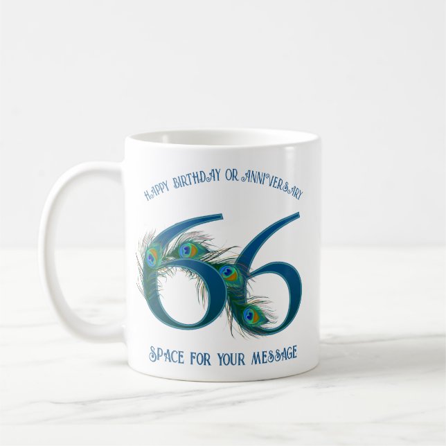 66. Geburtstag oder Jubiläum Pfauenfeder Kaffeetasse (Links)