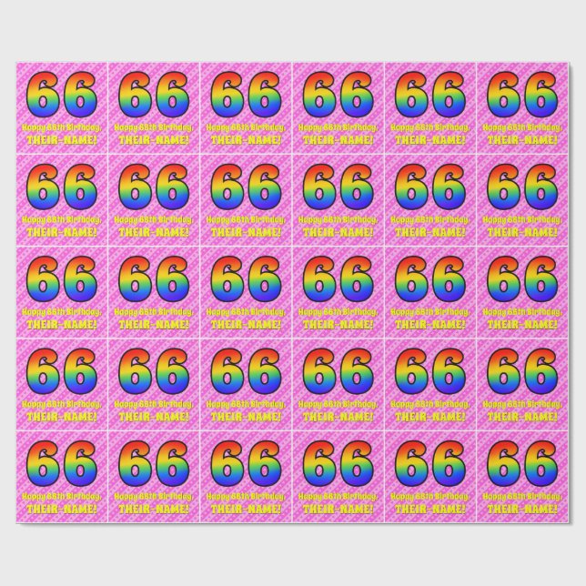 66. Geburtstag: Rosa Streifen & Herz, Regenbogen # Geschenkpapier (Flach)