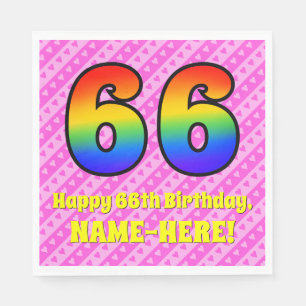 66. Geburtstag: Rosa Streifen & Herz, Regenbogen # Serviette