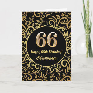 66. Geburtstag Schwarz und Gold Floral Muster Karte