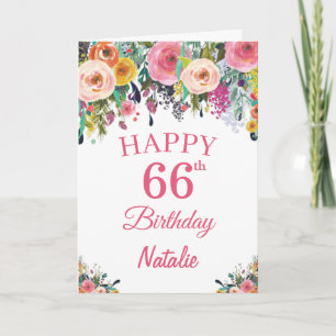 66th Birthday Watercolor Floral Flowers Pink Card Karte