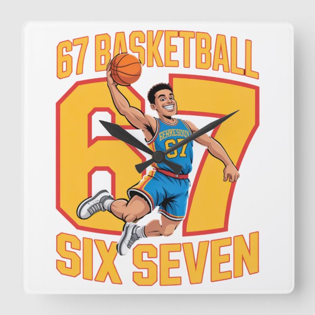 67 Basketball Six Seven Quadratische Wanduhr (Vorderseite)