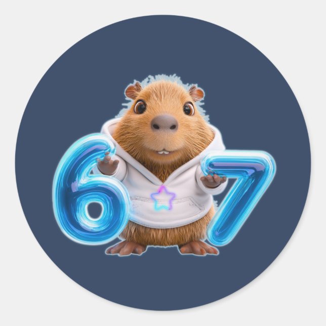 67 Capybara Rund Sticker – Blau leuchtend | Navy (Vorderseite)