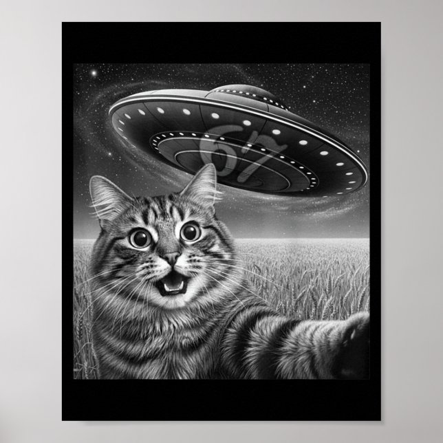 67 Cat Selfie With Alien Ufos Funny Cat Six Seven  Poster (Vorne)