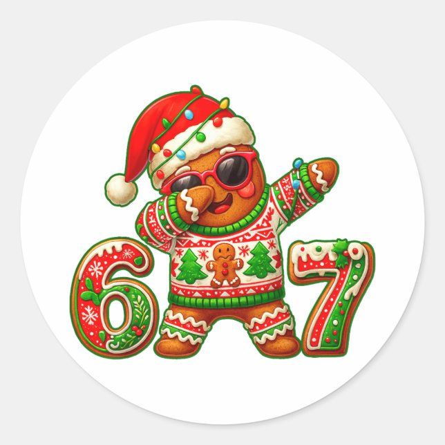 67 Christmas 6 7 Meme Gingerbread Man Xmas Pajamas Runder Aufkleber (Vorderseite)