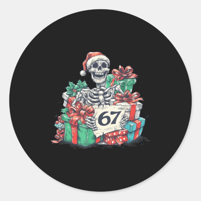 67 Christmas Skeleton Xmas Santa Hat Six Seven Fun Runder Aufkleber (Vorderseite)