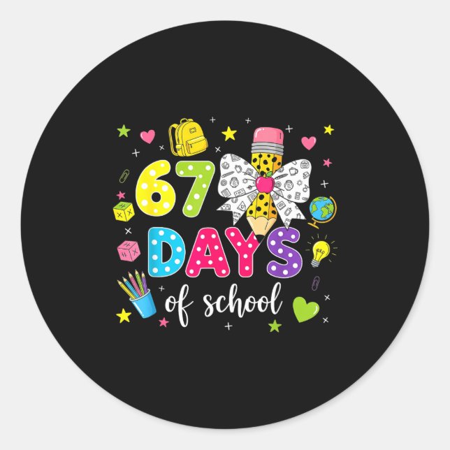 67 Days Of School Girls Coquette Bow Pencil 67 Day Runder Aufkleber (Vorderseite)
