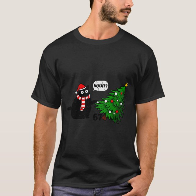 67 Funny Black Cat Pushing Christmas Tree Over Cat T-Shirt (Vorderseite)