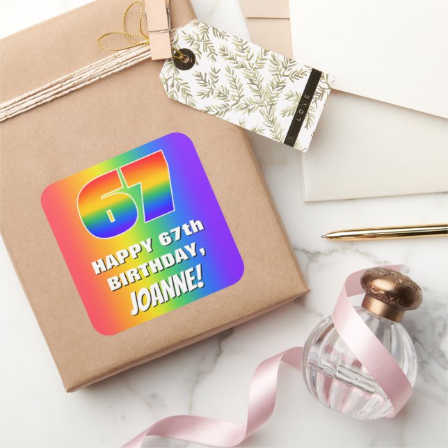 67. Geburtstag: Farbiges, lustiges Regenbogenmuste Quadratischer Aufkleber (Schenken)