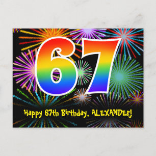 67. Geburtstag - Fun Fireworks Pattern + Regenboge Postkarte