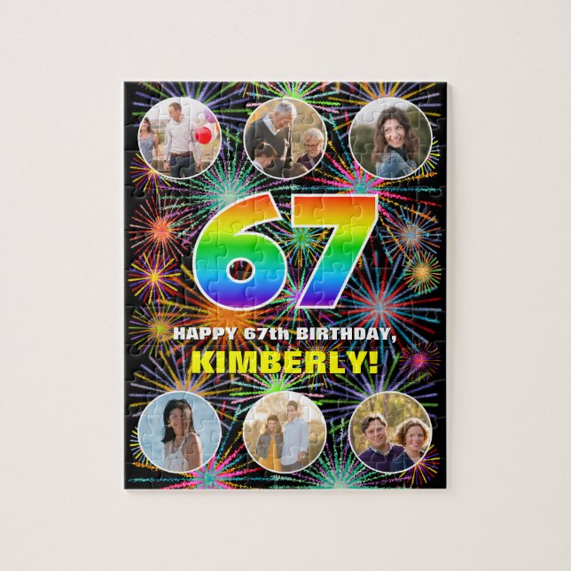 67. Geburtstag: Fun Rainbow #, Individuelle Name + Puzzle (Vertikal)