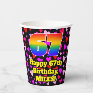 67. Geburtstag: Loving Hearts Pattern, Regenbogen Pappbecher
