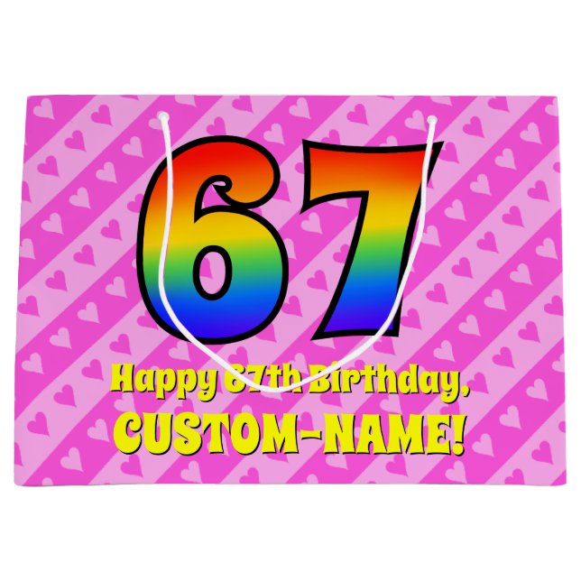 67. Geburtstag: Rosa Streifen & Herz, Regenbogen # Große Geschenktüte (Vorderseite)